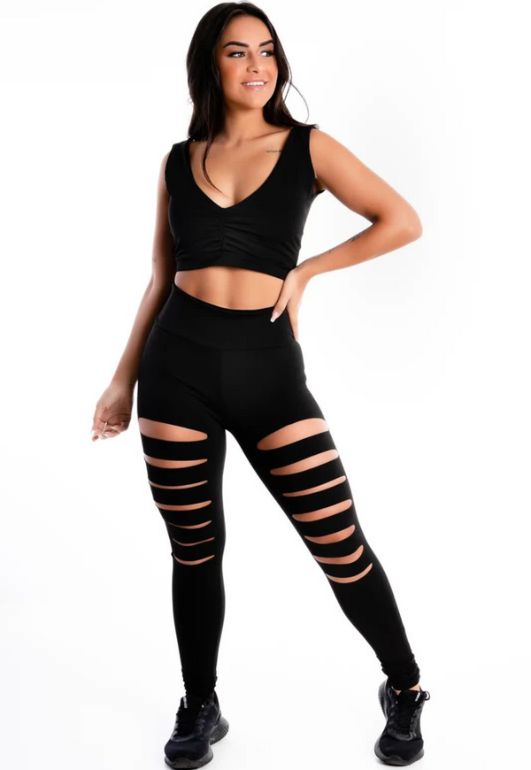 Conjunto Cropped e Calça Legging Rasgada - Foto 1