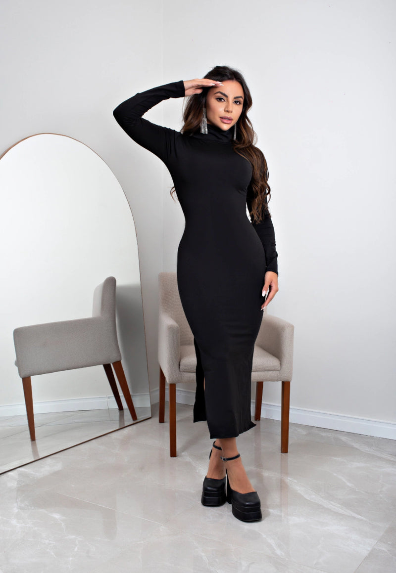 Vestido Midi Manga Longa e Gola Alta Fenda Preto | NR8 - Foto 5