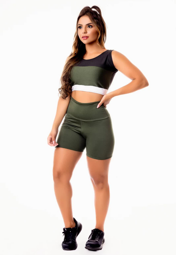 Conjunto Short Cintura Alta e Cropped Regata - Foto 1