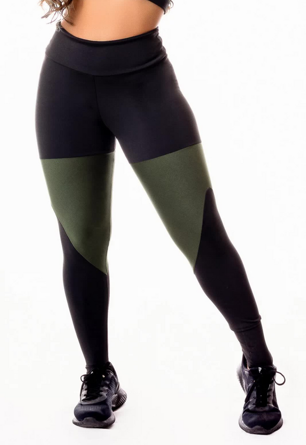 Calça Legging Fitness Academia Cintura Alta Preta com Detalhes em Militar - Foto 1