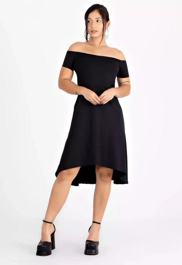Vestido Feminino Midi Ombro a Ombro Godê Preto | VRP304 - Foto 1