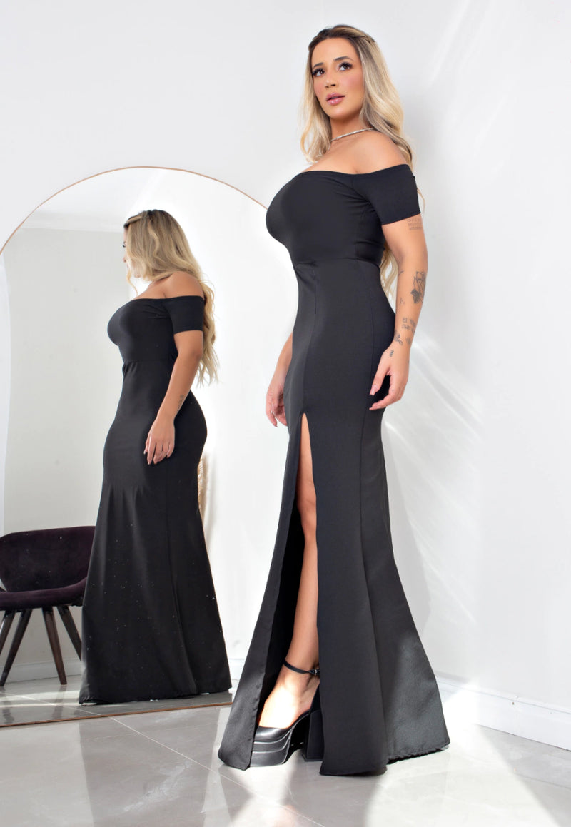Vestido Longo Tubinho Ombro a Ombro com Fenda Preto | NR12 - Foto 5