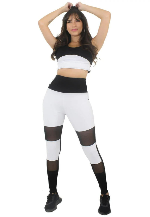 Calça Legging Branca Preta Com Tela Cropped - Foto 1