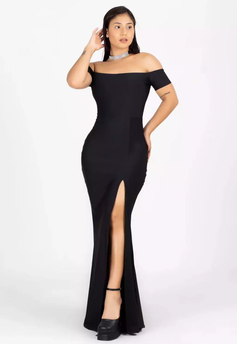 Vestido Longo Tubinho Ombro a Ombro com Fenda Preto | NR12 - Foto 6