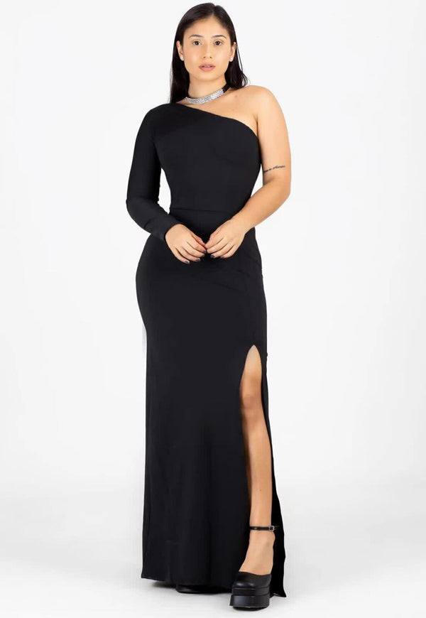 Vestido Tubinho com Fenda Uma Manga Longo - Foto 1