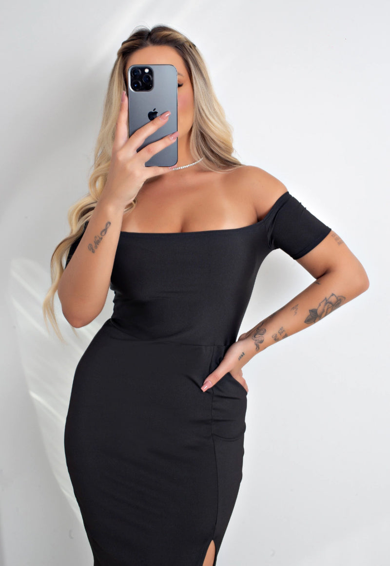Vestido Longo Tubinho Ombro a Ombro com Fenda Preto | NR12 - Foto 3