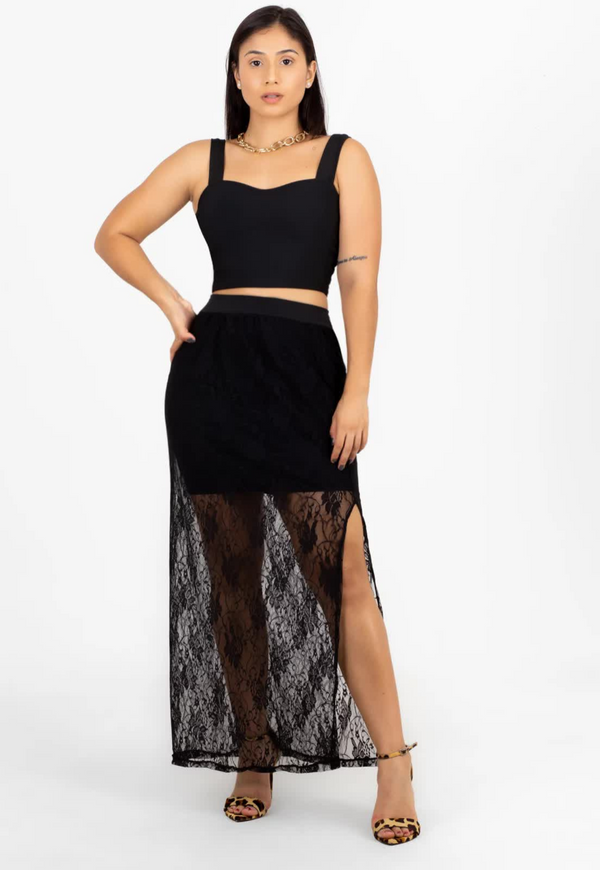 Conjunto Cropped e Saia de Renda com Fenda Lateral Preto | C0001 - Foto 1