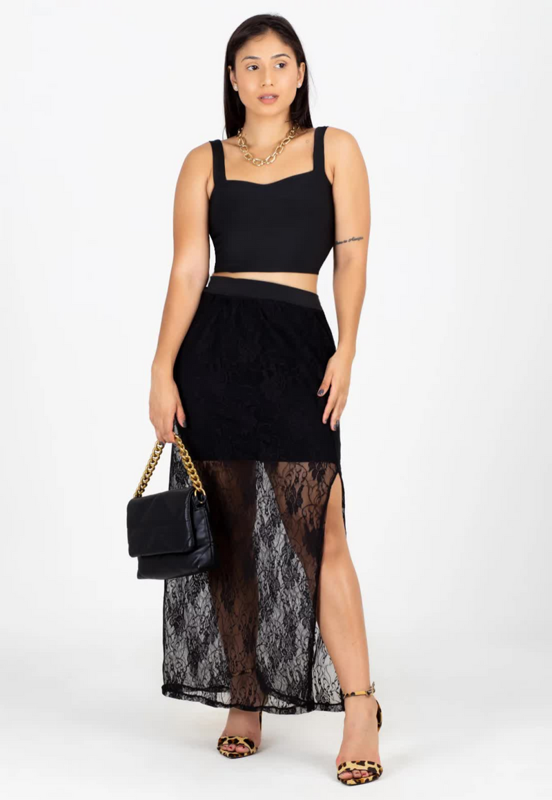 Conjunto Cropped e Saia de Renda com Fenda Lateral Preto | C0001 - Foto 3