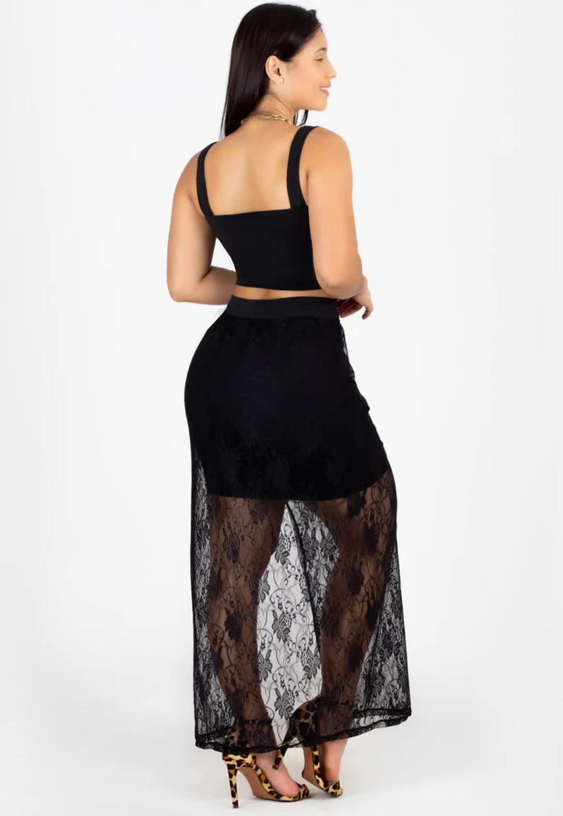 Conjunto Cropped e Saia de Renda com Fenda Lateral Preto | C0001 - Foto 2