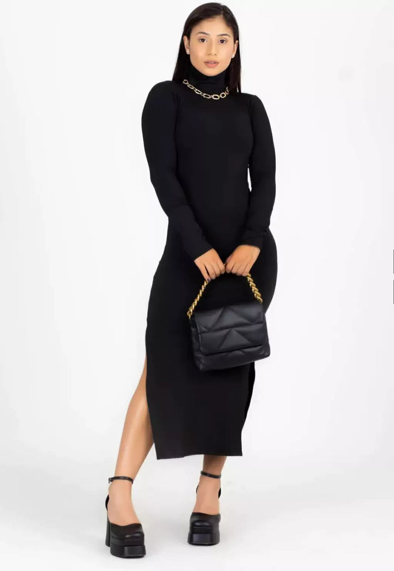 Vestido Midi Manga Longa e Gola Alta Fenda Preto | NR8 - Foto 7