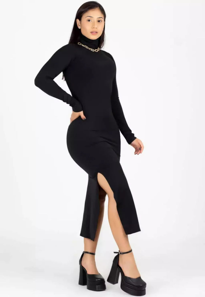 Vestido Midi Manga Longa e Gola Alta Fenda Preto | NR8 - Foto 8