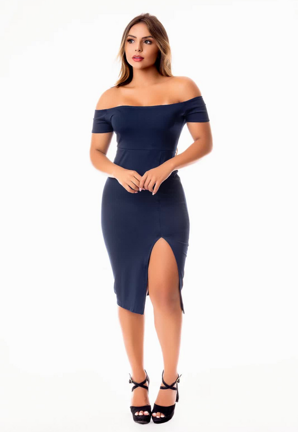 Vestido Tubinho Midi Social com Fenda Ombro a Ombro - Foto 1