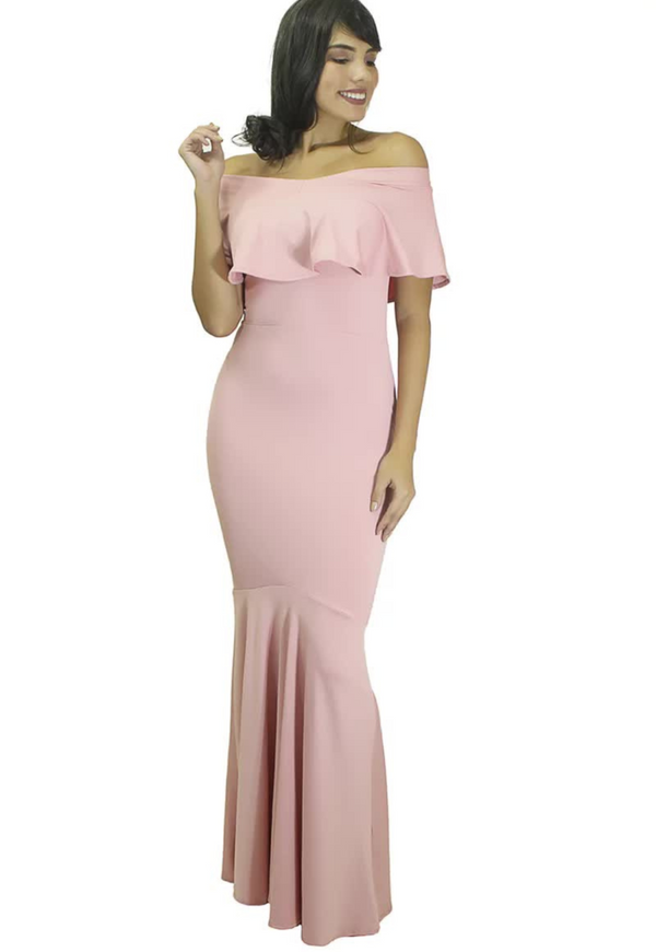 Vestido Longo Ombro a Ombro com Babado e Rabo de Sereia - Foto 1